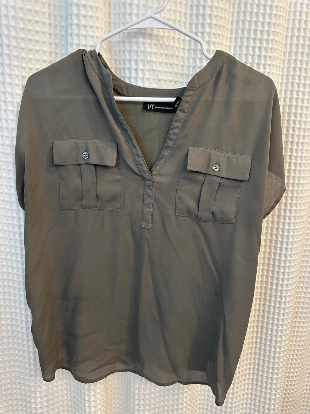 INC International Concepts Olive Utility V-Neck Top